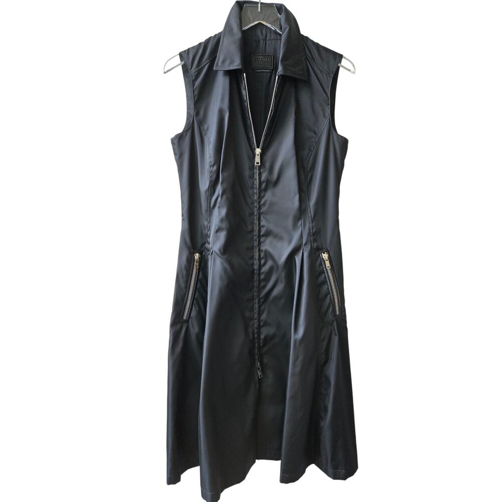 Prada Milano Sleeveless Black Dress Zip Leather Womens Size Italy 44 US 8 Medium